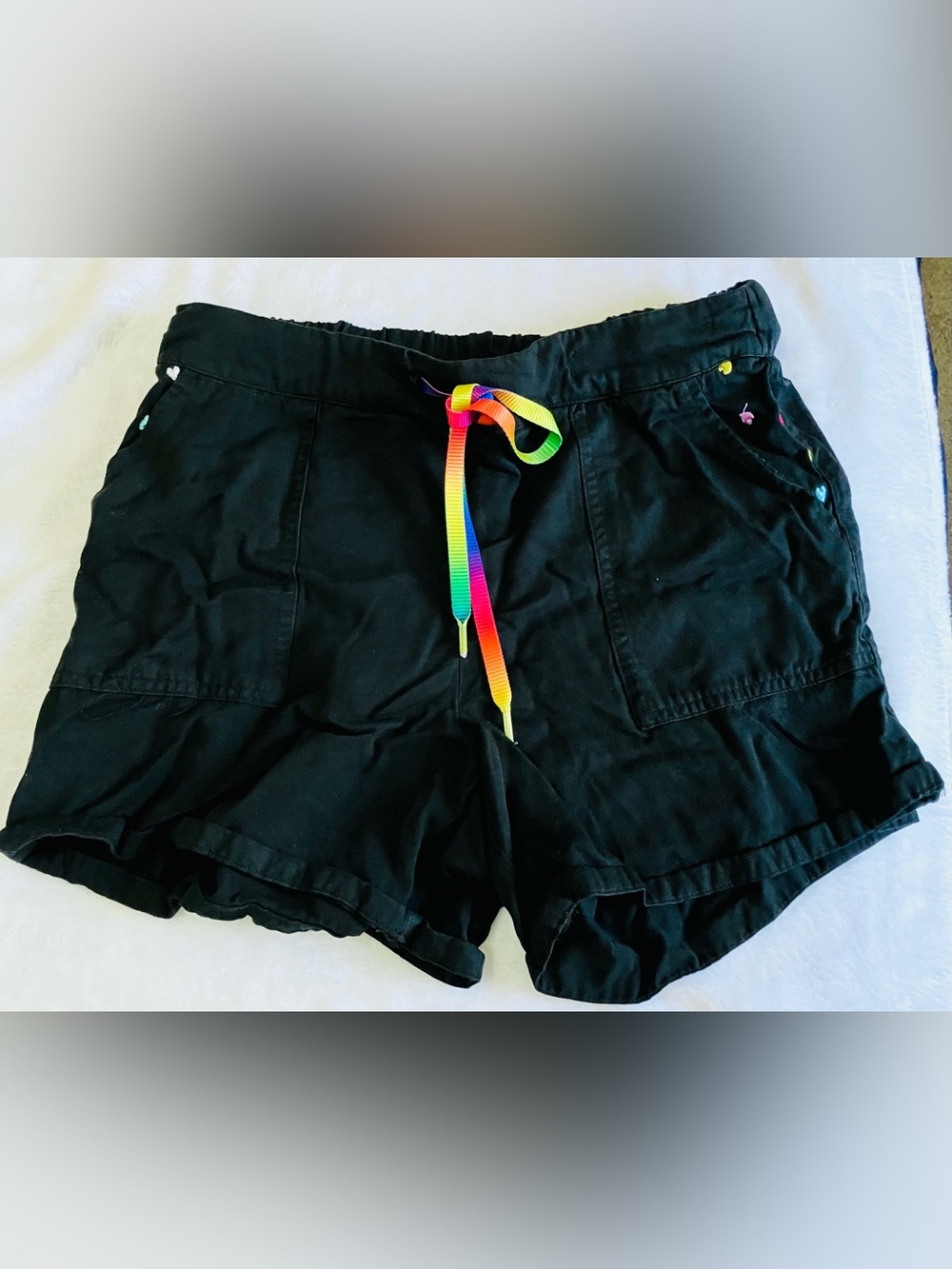 Women’s Feeling Proud Drawstring Casual Shorts with Rainbow Tie/Heart Accents